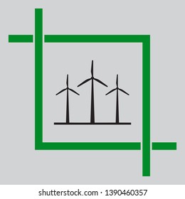 Wind turbines sign. Black icon inside green crop tool at light gray background