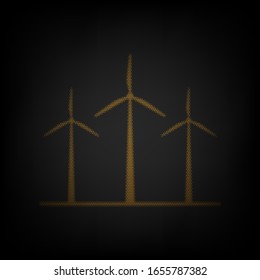 Wind turbines sign. Icon as grid of small orange light bulb in darkness. Illustration.