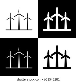 Wind turbines sign. Vector. Black and white icons and line icon on chess board.