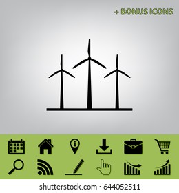 Wind turbines sign. Vector. Black icon at gray background with bonus icons 