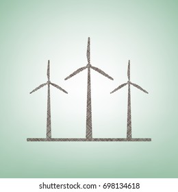 Wind turbines sign. Vector. Brown flax icon on green background with light spot at the center.