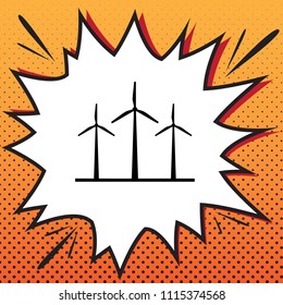 Wind turbines sign. Vector. Comics style icon on pop-art background.