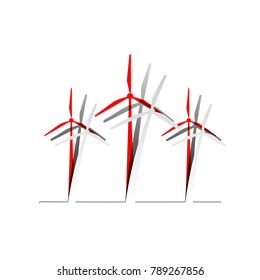 Wind turbines sign. Vector. Detachable paper icon with red body stock. Isolated.