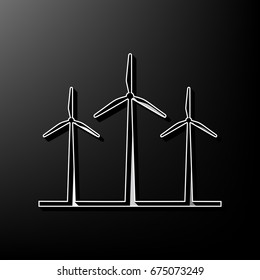 Wind turbines sign. Vector. Gray 3d printed icon on black background.
