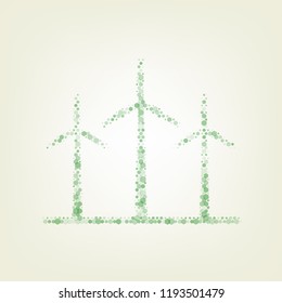 Wind turbines sign. Vector. Green hexagon rastered icon and noised opacity and size at light green background with central light.