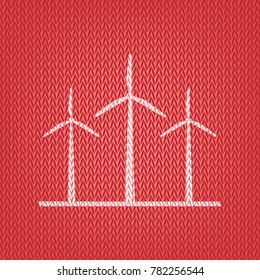 Wind turbines sign. Vector. Knitted white icon on a red knitted background.