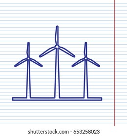 Wind turbines sign. Vector. Navy line icon on notebook paper as background with red line for field.
