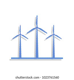 Wind turbines sign. Vector. Neon blue icon with cyclamen polka dots pattern with light gray shadow on white background. Isolated.