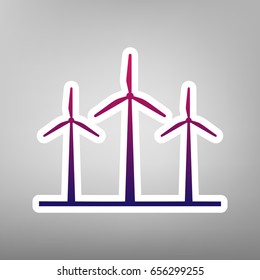 Wind turbines sign. Vector. Purple gradient icon on white paper at gray background.