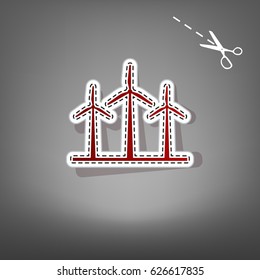 Wind turbines sign. Vector. Red icon with for applique from paper with shadow on gray background with scissors.