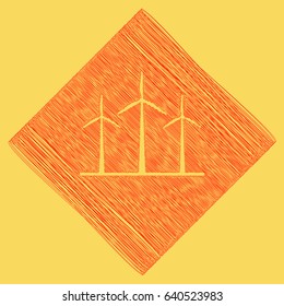 Wind turbines sign. Vector. Red scribble icon obtained as a result of subtraction rhomb and path. Royal yellow background.