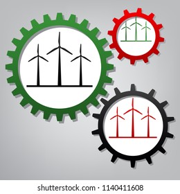 Wind turbines sign. Vector. Three connected gears with icons at grayish background.