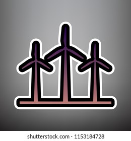 Wind turbines sign. Vector. Violet gradient icon with black and white linear edges at gray background.