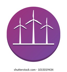Wind turbines sign. Vector. White icon with flat shadow on purpureus circle at white background. Isolated.