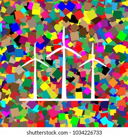 Wind turbines sign. Vector. White icon on colorful background with seamless pattern from squares.