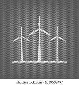 Wind turbines sign. Vector. White knitted icon on gray knitted background. Isolated.