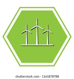 Wind turbines sign. Vector. White icon with black shadow at yellow green honeycomb on white background.