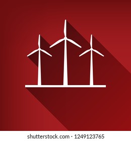 Wind turbines sign. Vector. White icon with limitless shadow at ruby red background.