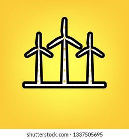 Wind turbines sign. Vector. Yellow polka dot white icon with black contour at warm yellow background.