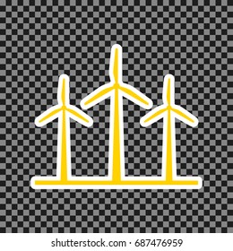 Wind turbines sign. Vector. Yellow icon with white contour on dark transparent background.