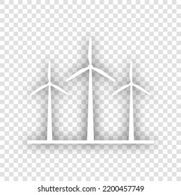 Wind turbines sign. White Icon with dropped natural gray Shadow at transparent Background. Illustration.