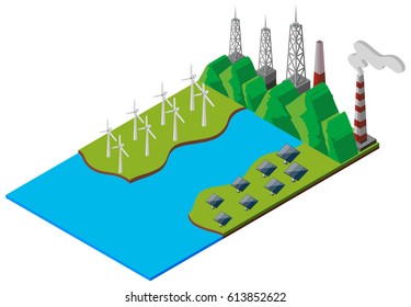 Wind turbines and solar cell by the stream illustration