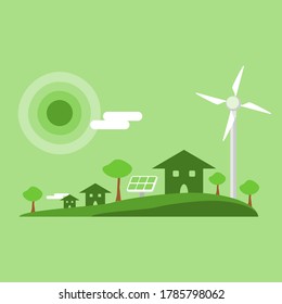 Wind turbines with solar cell panel or photovoltaic on the hill to generate electricity from wind with sunlight and green city home flat icon vector. concept alternative energy and clean energy.