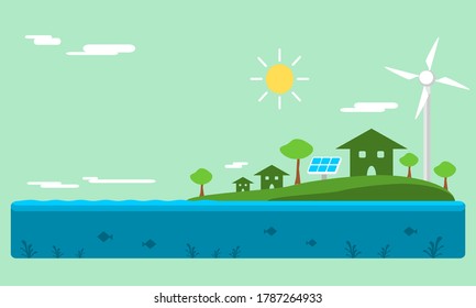 Wind turbines with solar cell panel or photovoltaic on the hill to generate electricity from wind with sunlight and green city home flat icon vector. concept alternative energy and clean energy.