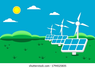 Wind turbines with solar cell panel or photovoltaic on green grass field to generate electricity from wind with sunlight flat icon vector. concept alternative energy and clean energy.