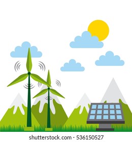 Wind turbines and solar panel over landscape background. colorful design. vector illustration
