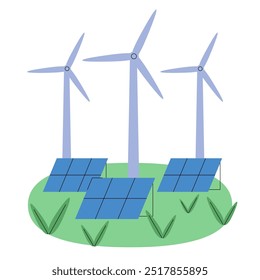 Turbinas eólicas y paneles solares. Eco concepto de energía renovable sostenible, central eléctrica verde con electricidad alternativa. Concepto de sostenibilidad. Molinos de viento, ilustración de paneles solares