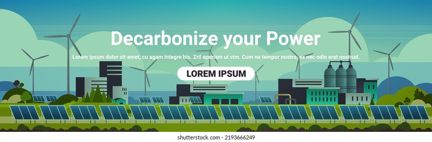 Wind turbines and solar panels energy renewable station field build waste free world decarbonize your power concept