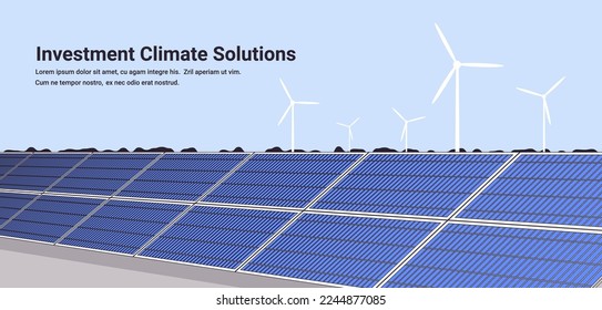 Wind turbines and solar panels energy renewable station in field waste free world clean power investment climate solutions