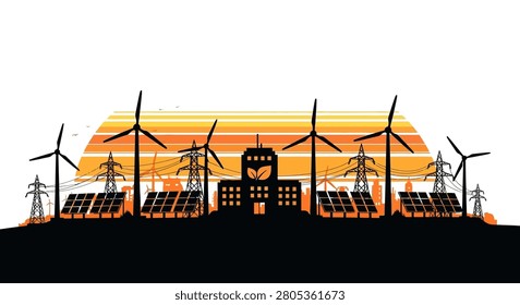 Wind turbines and solar panels generating renewable energy