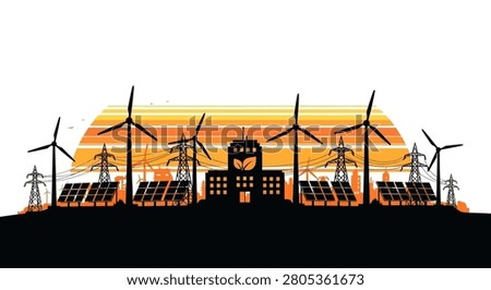 Wind turbines and solar panels generating renewable energy