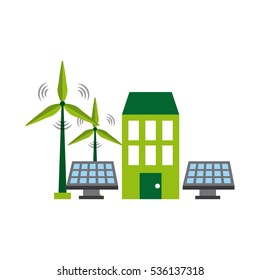 wind turbines, solar panels and green building icons over white background. colorful design. vector illustration