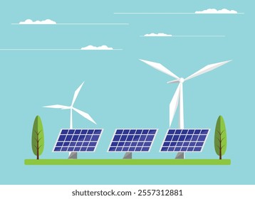 Wind Turbines and Solar Panels Landscape Flat Style. Eco friendly renewable energy and power generation concept vector art