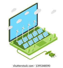 Wind turbines and solar panels on laptop. Concept of alternative ecology energy sources. Flat 3d isometric cartoon composition. Abstract minimalistic illustration.