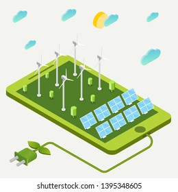 Wind turbines and solar panels on green smartphone. Concept of alternative ecology energy sources. Flat 3d isometric cartoon composition. Abstract minimalistic illustration.