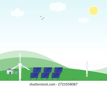 As turbinas eólicas e os painéis solares são colocados em um campo verde. Uma pequena casa fica perto, sob céu claro, com um sol. Os pássaros voam acima à distância.