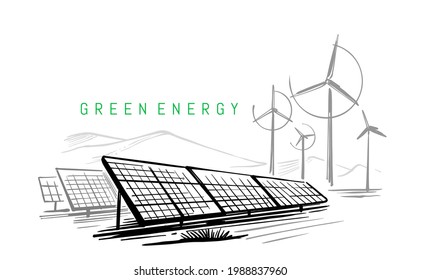 Wind turbines and solar panels sketch vector