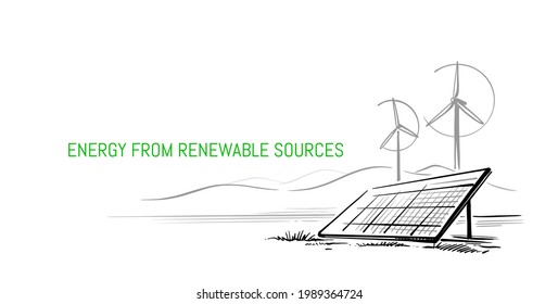 Wind turbines and solar panels sketch vector