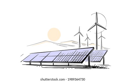 aerogeneradores eólicos y paneles solares esbozan el vector