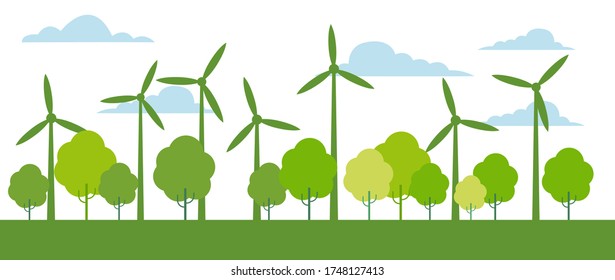 Turbinas eólicas, generadores de energía solar. Concepto de ciudad ecológica