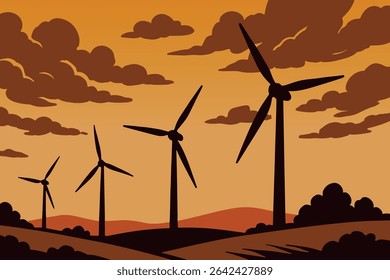 
Wind turbines stand tall against an orange sunset sky with dramatic clouds, illustrating renewable energy and sustainable power generation