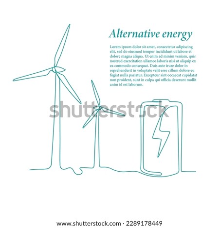 Wind turbines and storage battery continuous line art. Green energy and renewable source of power concept in simple linear style. Doodle vector illustration.
