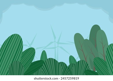 Wind turbines and summer green forest on background clear blue sky vector image. Modern energy windmill in summer forest vector illustration