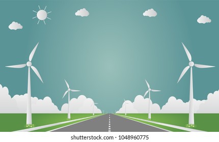 Wind turbines with sun clean energy with road eco-friendly concept ideas.vector illustration