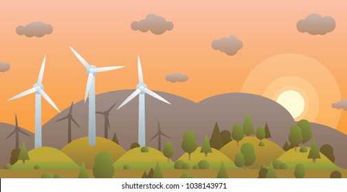 Wind turbines and sunset in evening forest on background hill and sky vector image. Modern energy windmill vector illustration landscape