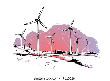 wind turbines in the sunset. ink style hand drawn illustration.